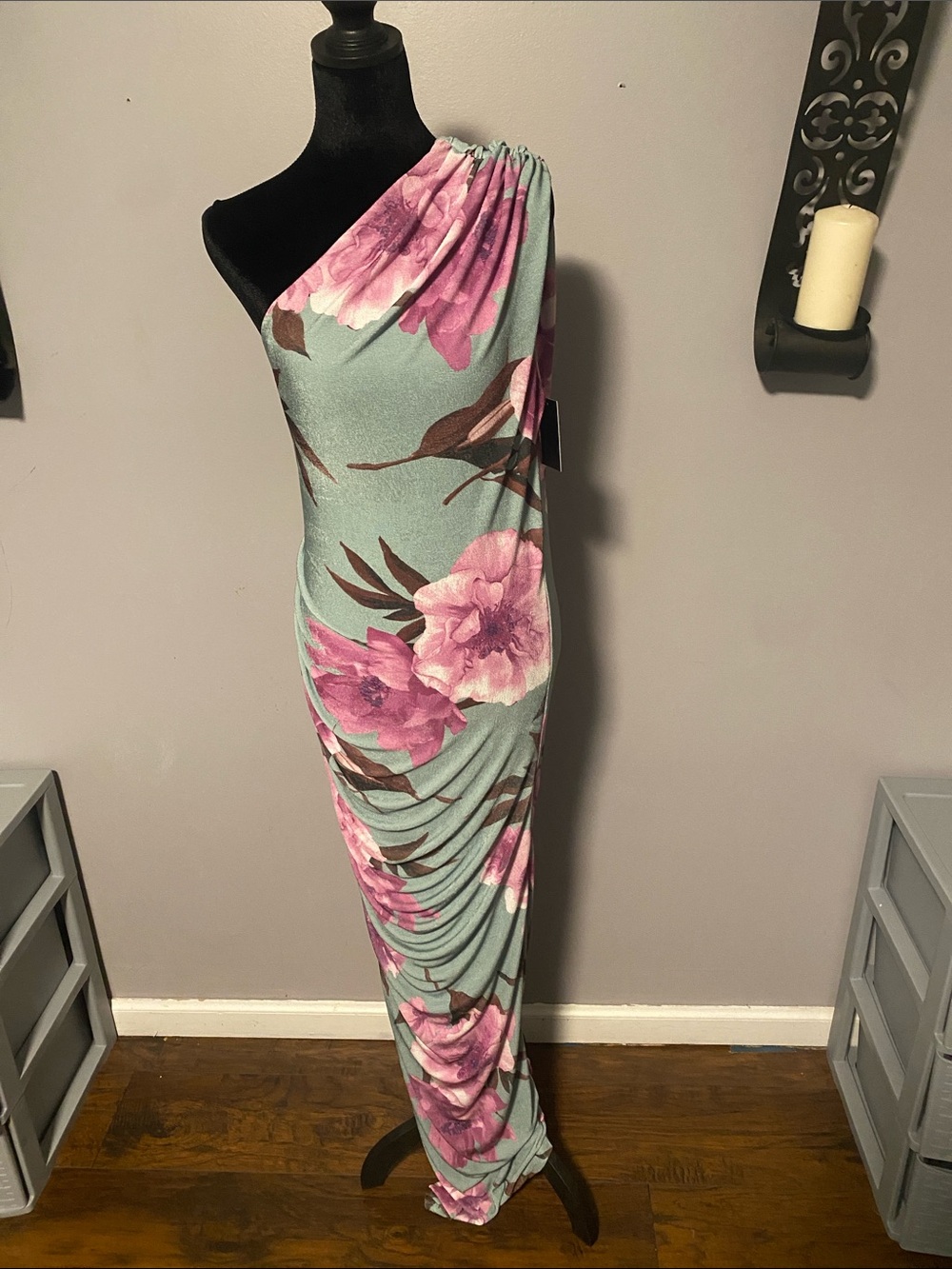 JLUXLABEL One-Shoulder Floral Maxi Dress in Mint and Pink